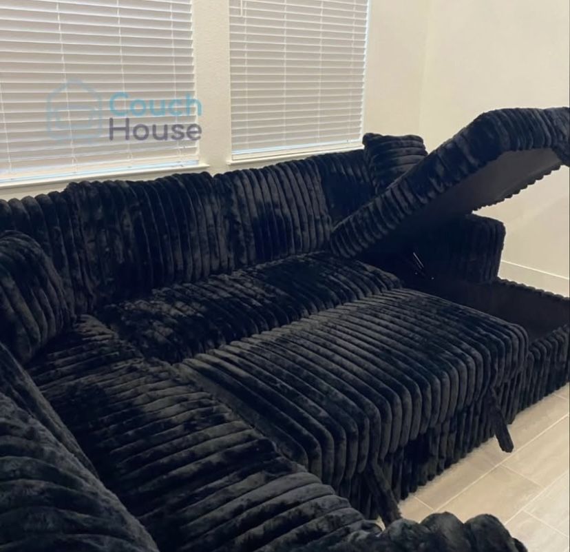 Black Fluffy Sectional Couch With Pull Out Bed And Storage Chaise Delivery Available 🚚
