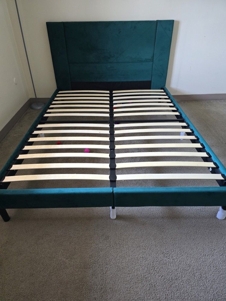 Green Color Queen Size Upholstered Bed Frame – Excellent Condition!
