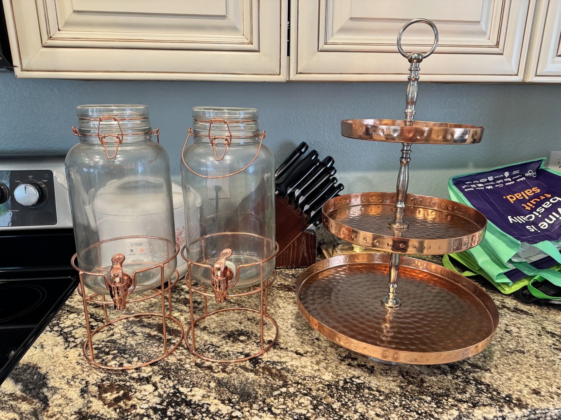 Rose Gold Serving Tray And Glass Drink Dispensers