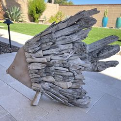 Drift Wood Freestanding Fish Sculpture with Clay Face Home/Patio Decor