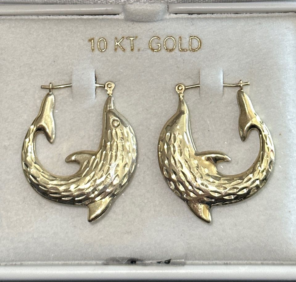 10K Yellow Gold - Dolphin Hoop Earrings ~ Large Size~Diamond Cut. New in Box.