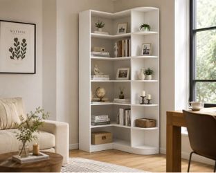 White 6-Tier Corner Bookshelf | Space-Saving & Modern Design
