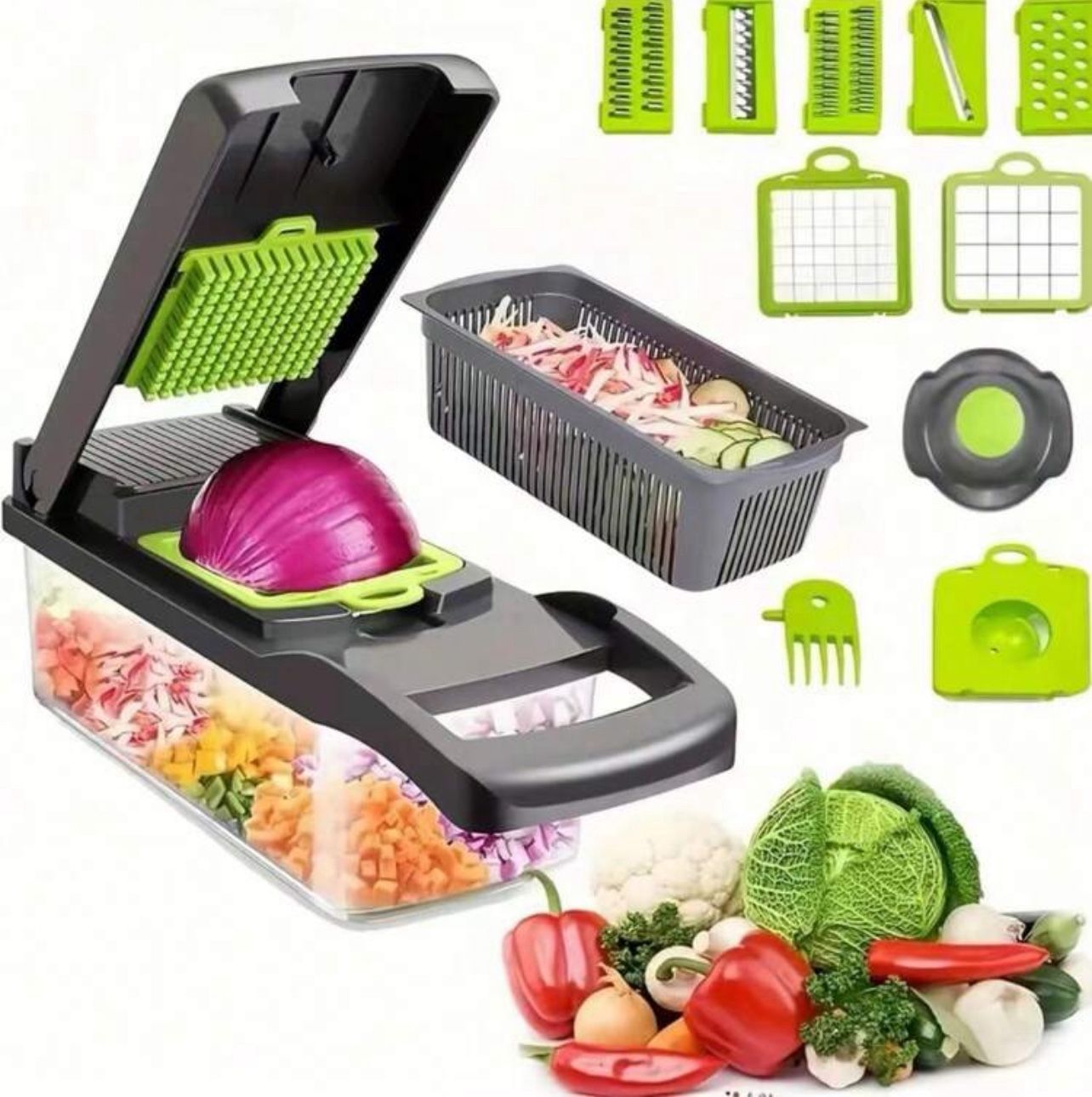 1 Set Multifunctional Vegetable Cutter, Fruit Slicer, Handheld Food Grinder, Onion Grinder, Potato Shredder With Container, Space-Saving Kitchen Gadge