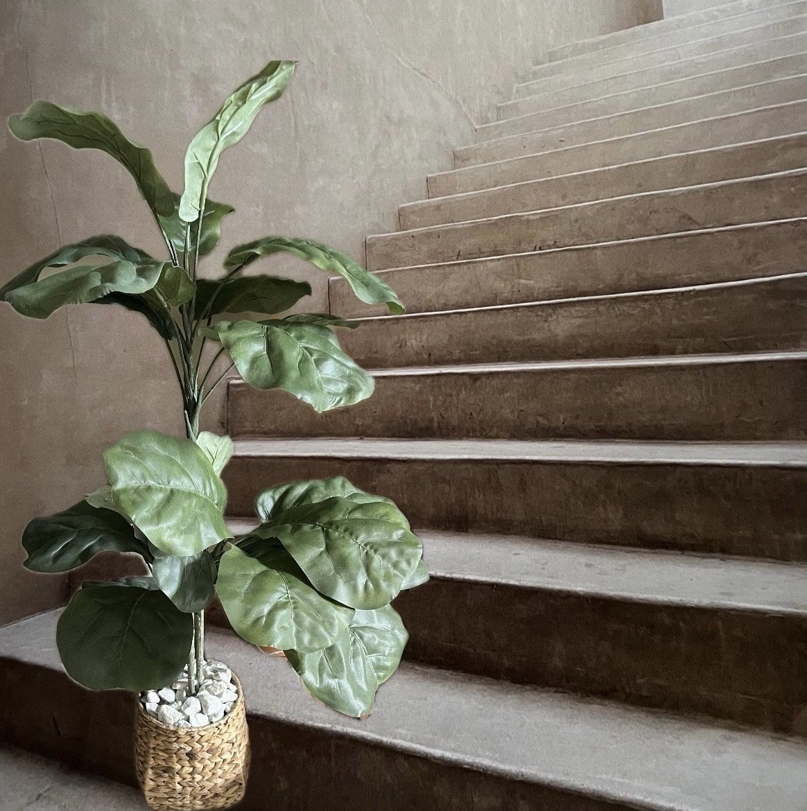 Artificial Silk Plant With Wicker Basket And Rocks
