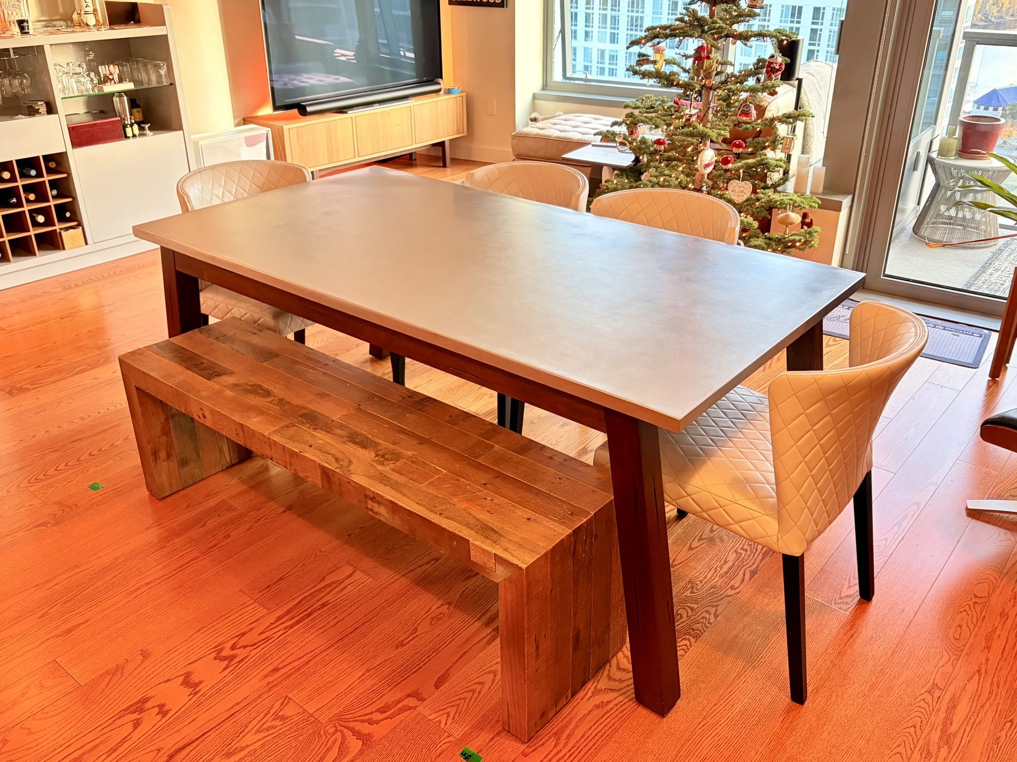 West Elm Dining Table & Bench w/ Crate & Barrel Leather Chair Set