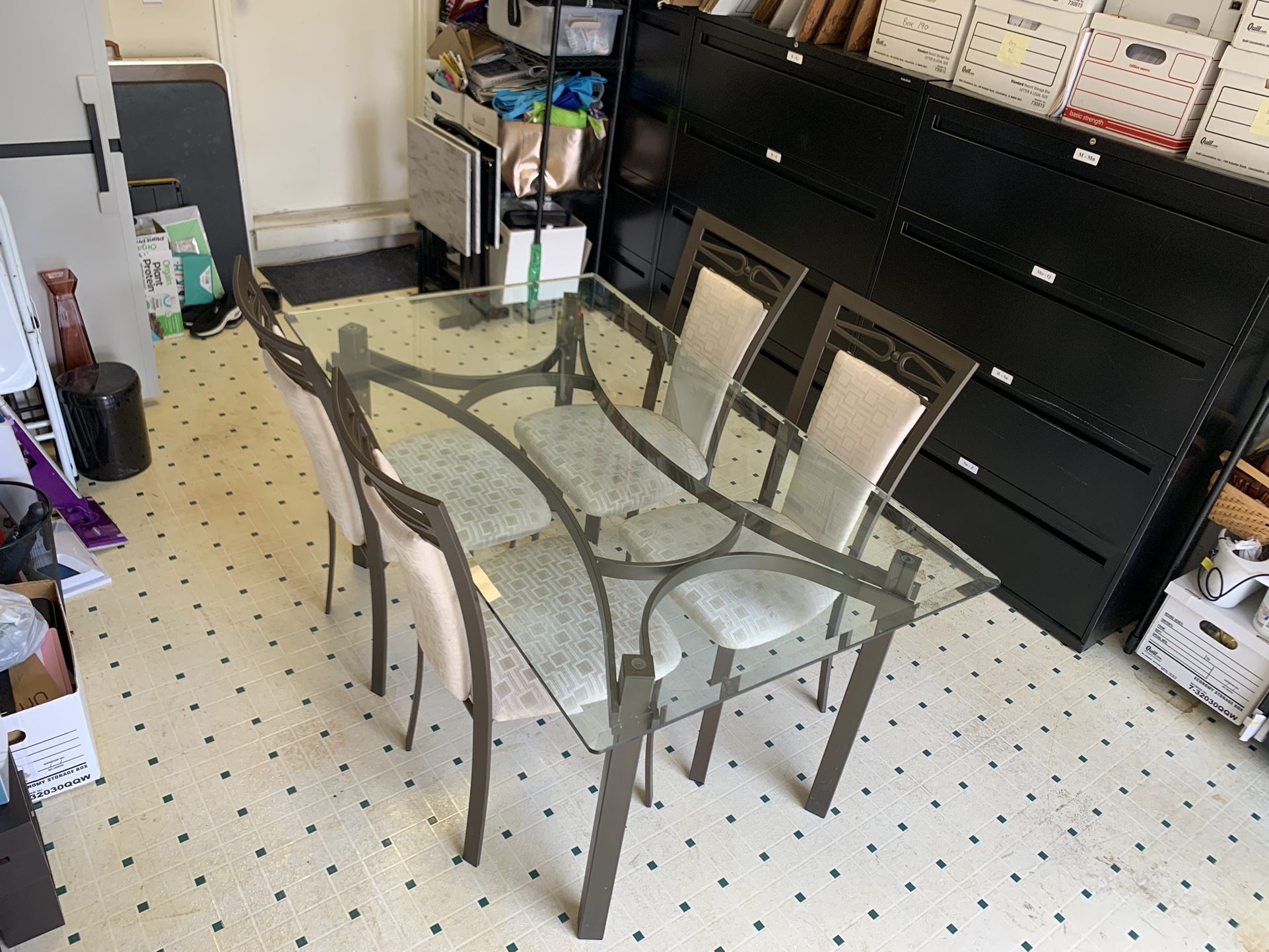 Rectangular Beveled Glass Top Metal Dining Table with 4 Chairs