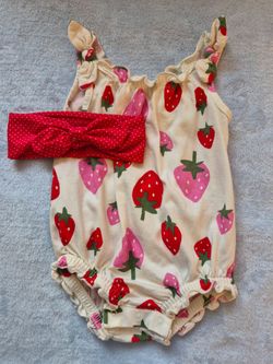 NEW! Baby Girl, Strawberry Romper with Headband, 6-12 Mo