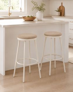 Set of 2 Modern Bar Stools – Beige Cushion & Cream White Frame