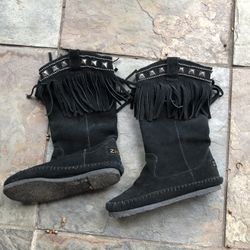 Ziti Girl Suede Leather Boots With Fringes Size 6 Preowned 