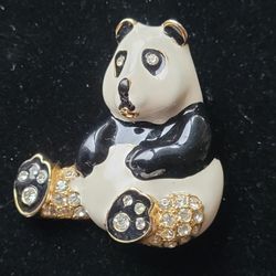 Signed "PEP" Enameled & Rhinestone Panda Pin Brooch