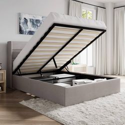 Clearance Queen Size Lift Up Storage Bed/Modern Wingback Headboard/Upholstered Platform Bed Frame/Hydraulic Storage/No Box Spring Needed/Wood Slats Su