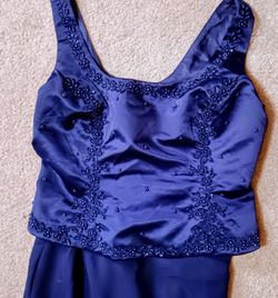 Navy Blue Beaded Satin Formal Gown