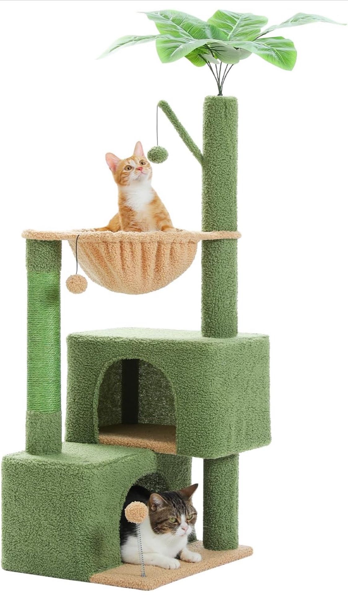 45-Inch Green Cat Tree with 2 Condos for Indoor Cats,Cat Tower with Scratching Posts for Small Cats,Cactus Cat Tree Tower with Hammock and Cat Toys
