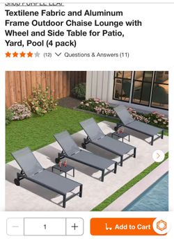 Textilene Fabric and Aluminum Frame Outdoor Chaise Lounge with Wheel and Side Table for Patio, Yard, Pool (4 pack)