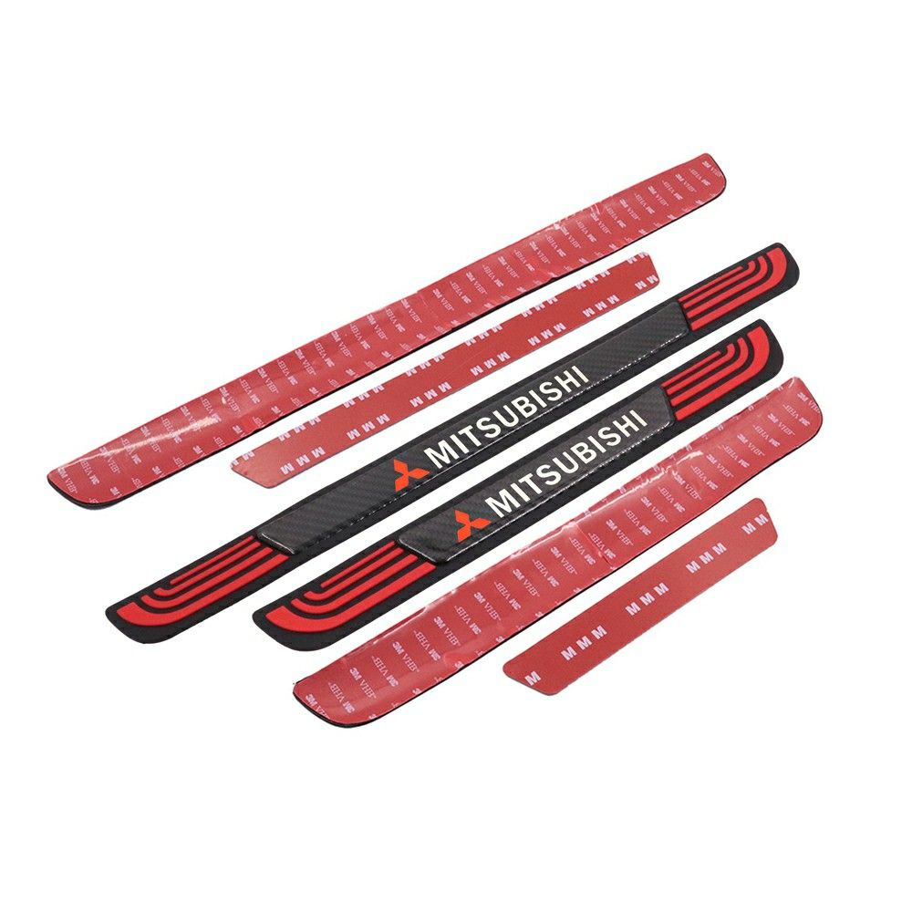 BRAND NEW 4PCS MITSUBISHI UNIVERSAL RED RUBBER DOOR SCUFF SILL WITH REAL CARBON FIBER EMBLEM