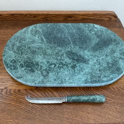 Green marble tray and knife