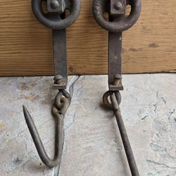 Antique Lefiell Cast Iron Industrial Pulley Hooks Lot Of 2