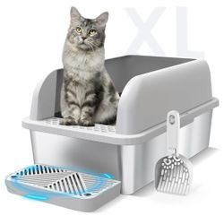 Enclosed Stainless Steel Cat Litter Box with Lid Extra Large Litter Box for Big Cats XL Metal Litter Pan Tray with High Wall Sides Enclosure, Non-Stic