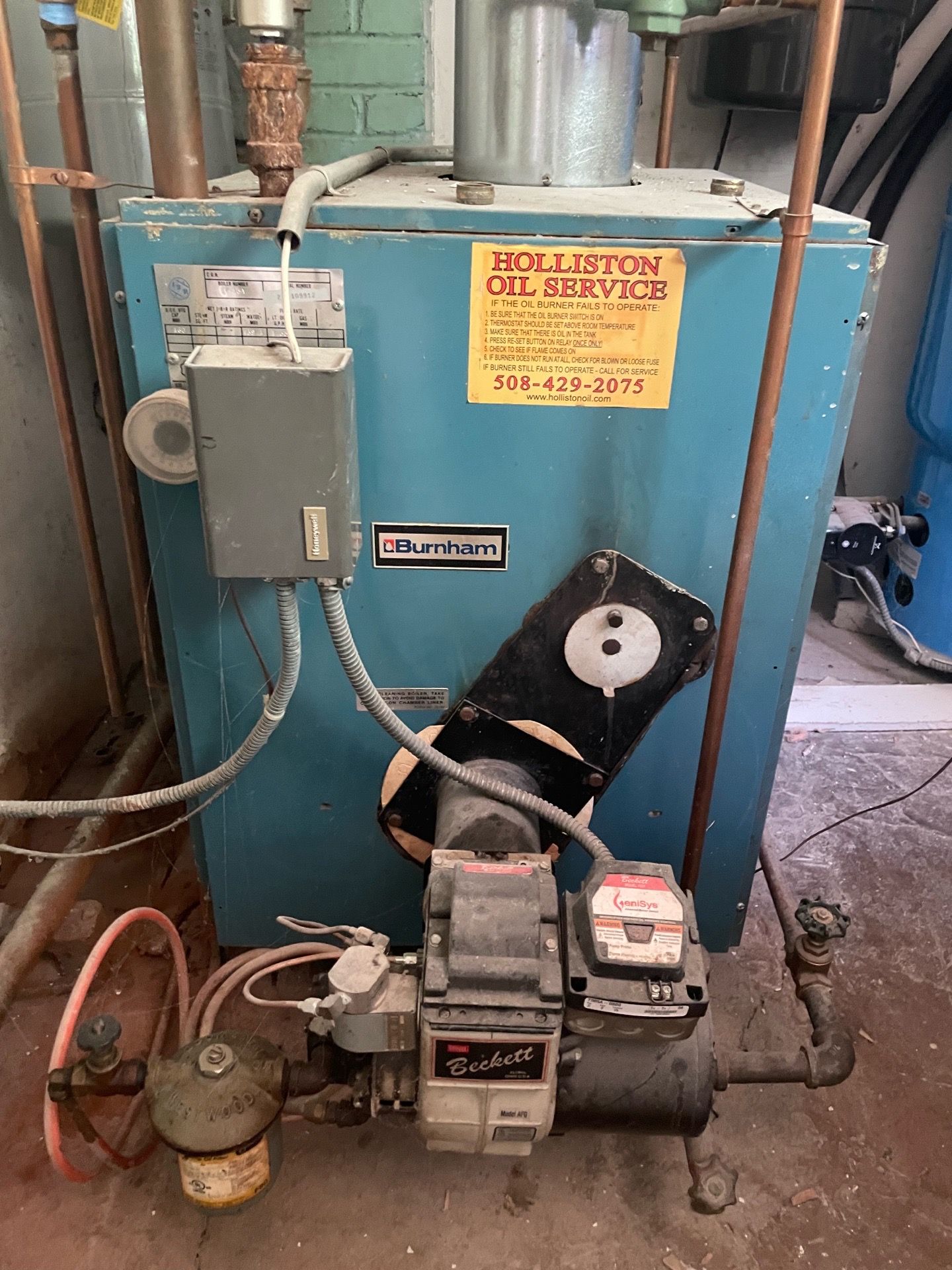 Burnham Oil burner, hot water heater and oil tank