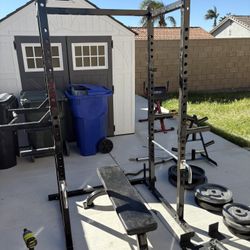 Squat Rack & Rubber Tiles Floor & Lots Of Weights