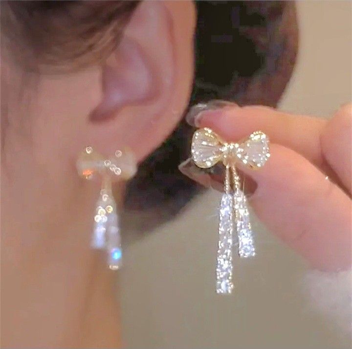 Luxury Zircon Crystal Gold Plated Bow Tassel Earrings Dangle Drop Women Jewelry