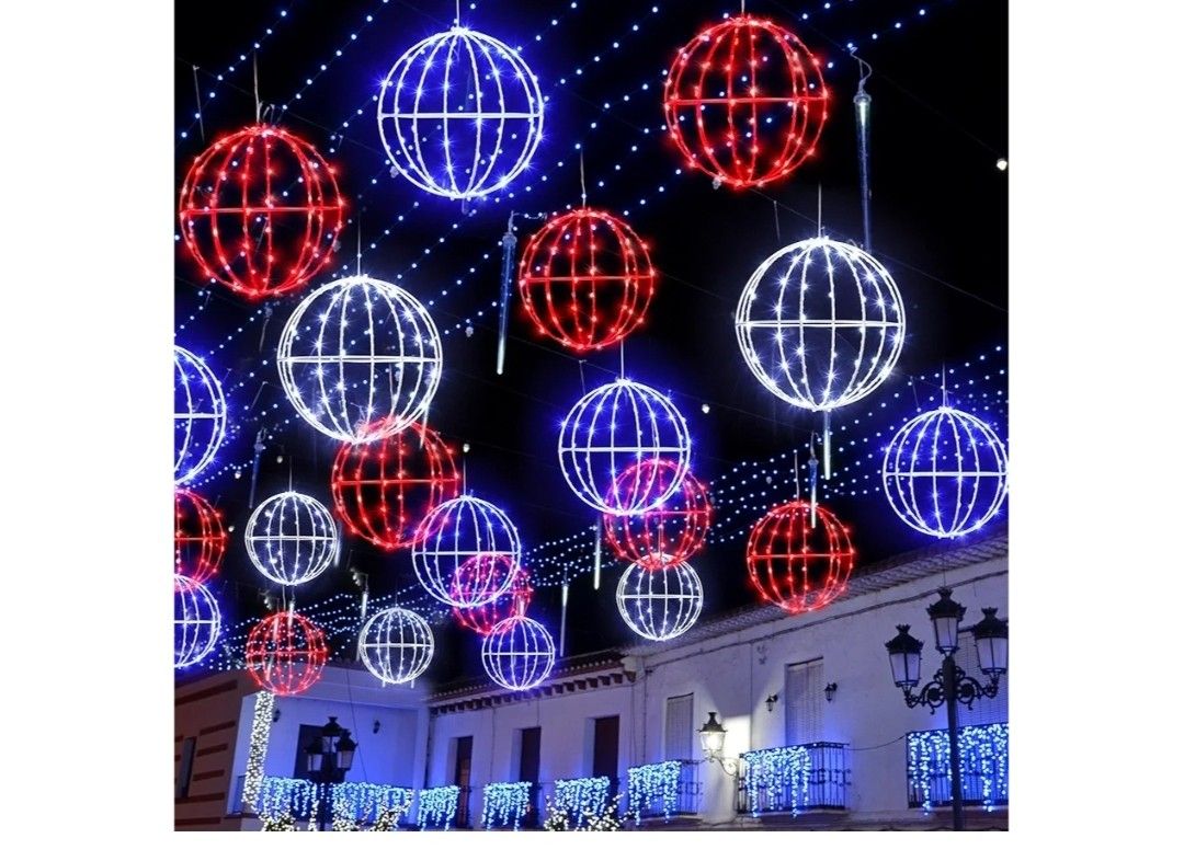 New 4th of July Decorations Outdoor 6 Pack Red White Blue Ball String Light 7.87" LED Patriotic Hanging Garden Sphere Foldable Metal Frame Globe