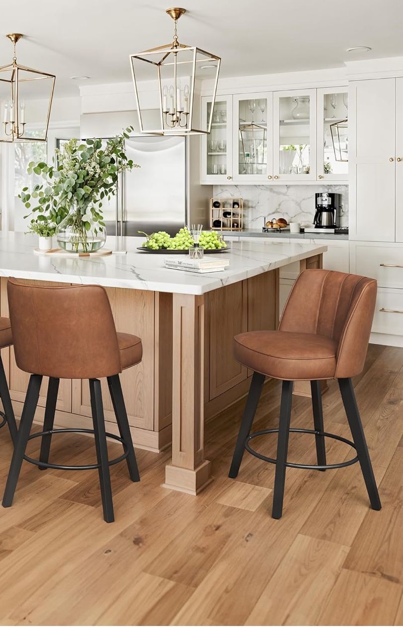 LUE BONA 360-degree Swivel Bar Stools Set of 2, 26" Counter Height Bar Stools with High Back and Wood Legs, Morden Faux Leather Upholstered Barstools