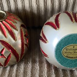 WATERFORD Cashel Candlesticks Red Green  on SILVER TONE HOLIDAY HEIRLOOM SERIES