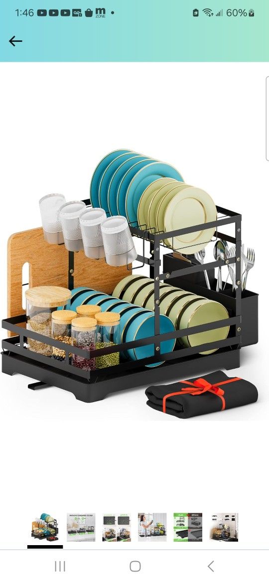 BBXTYLY Large Dish Drying Rack, 2 Tier Collapsible Dish Racks with Drainboard,Drainage, Wine Glass Holder, Utensil Holder and Extra Drying Mat, Dish D
