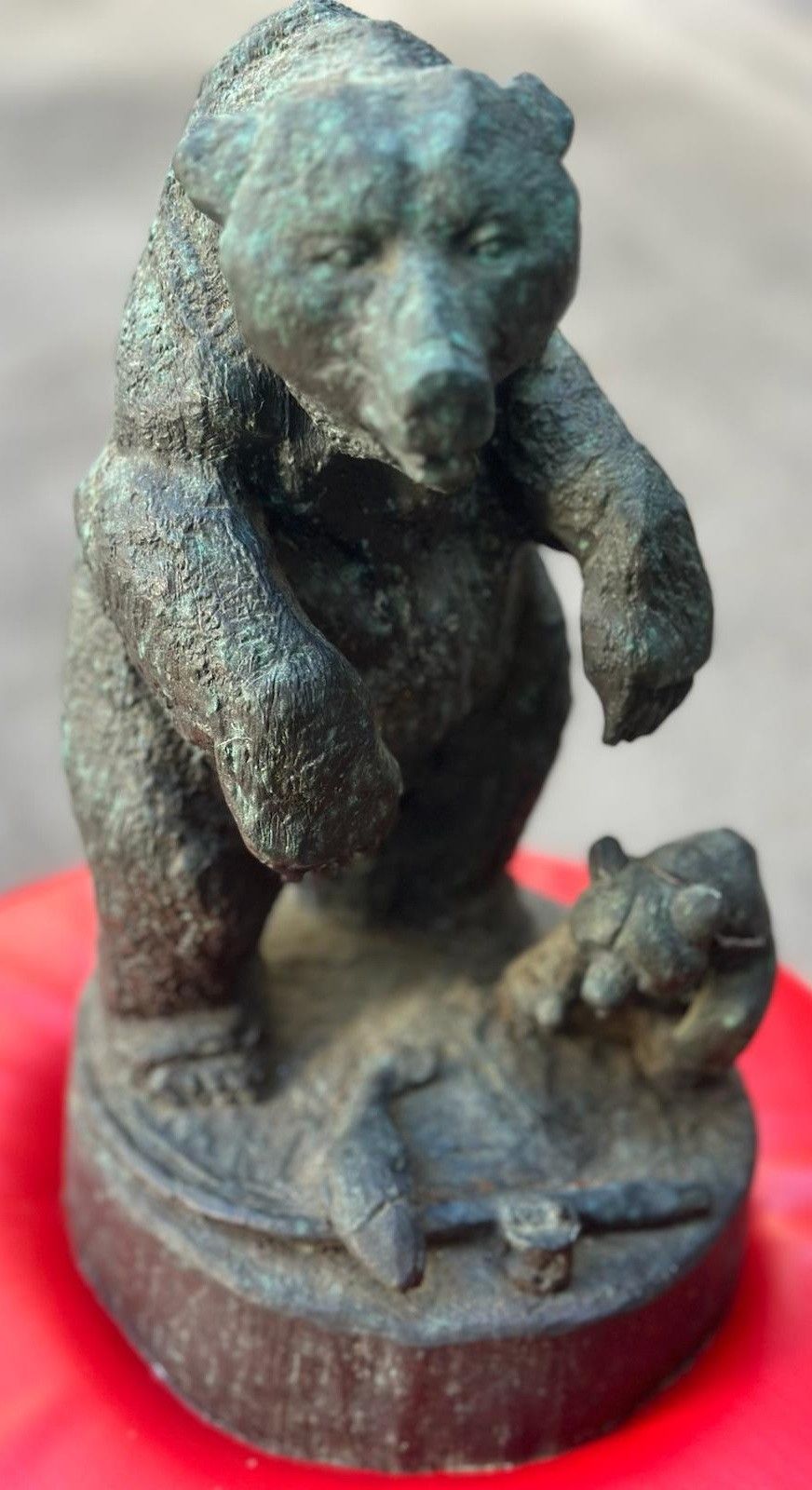 1938 Antique Artist Signed Vintage Bronze Grizzly Bear Statue Fishermans Luck