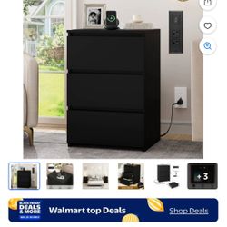 Homfa 3 Drawers Nightstand with Charging Station, Side Table with Storage for Living Room, Black Bedside Nightstand for Bedroom