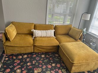 Mustard Yellow Velvet Sectional Sofa with Chaise