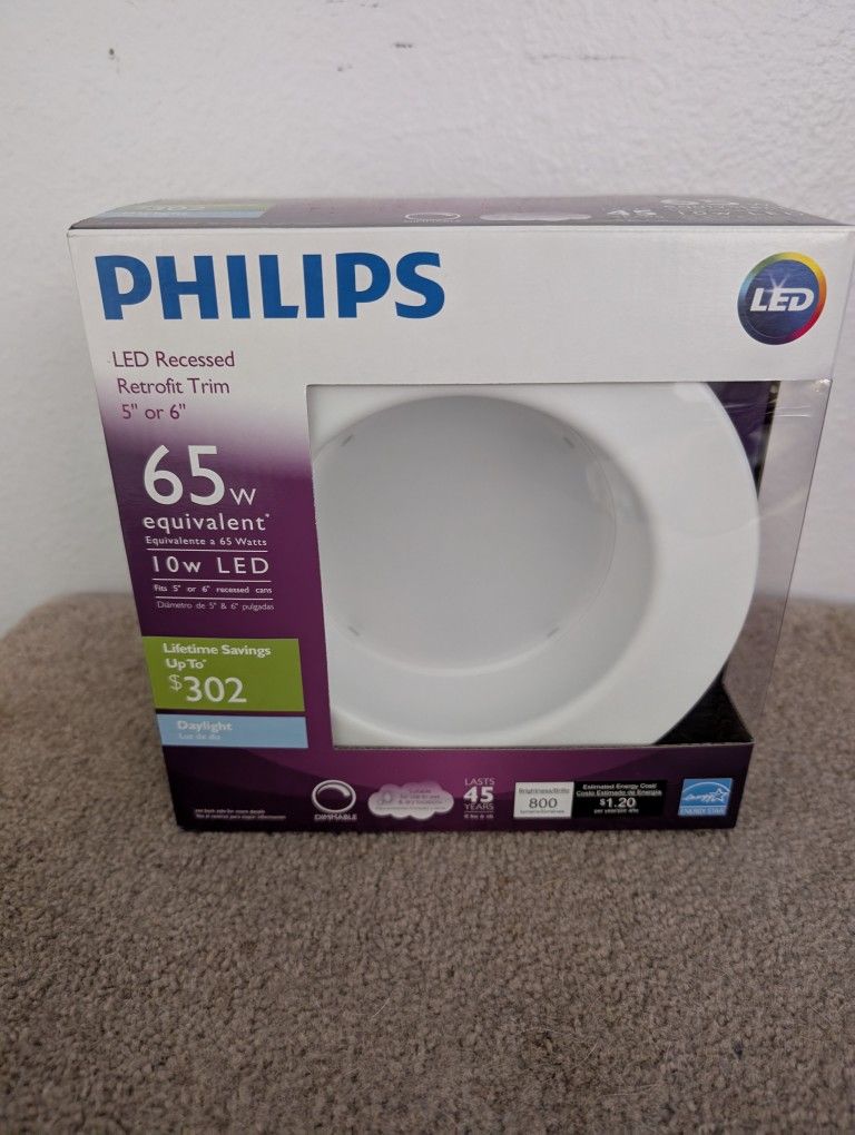New Philips LED Dimmable 5”/6” Downlight Recessed Lighting Fixture: 650-Lumens, 5000-Kelvin, 11-Watt (65-Watt Equivalent), E26 Medium Screw Base, Dayl