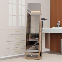 Full Length Mirror with Jewelry Armoire Storage - 360 Rotating Standing Jewelry Organizer Cabinet with Interior LED Lights, Sliding Mirror & Large Cap