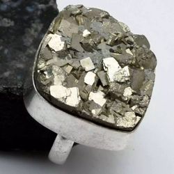 Pyrite Square Ring 925 Silver (size 7.25)