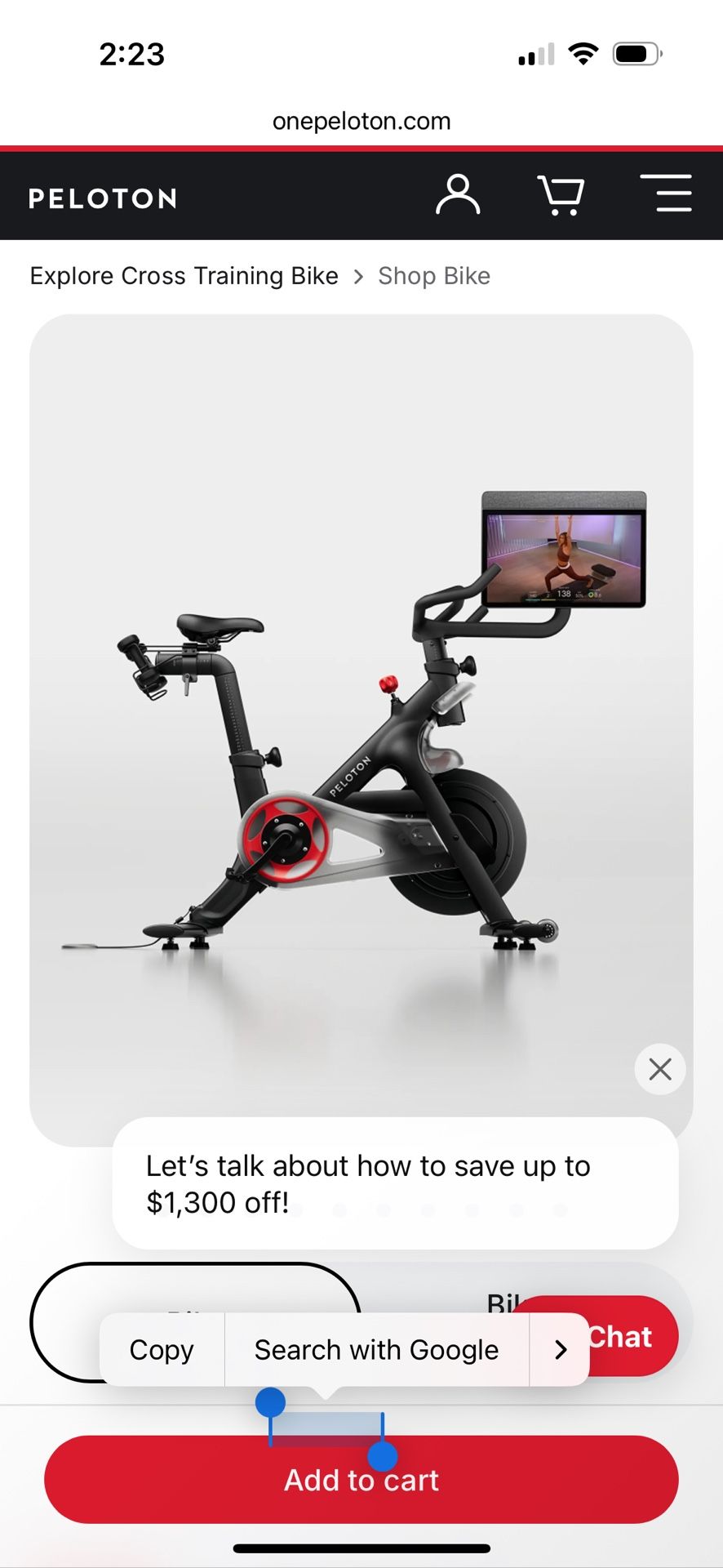 Peloton bike w/22” Screen