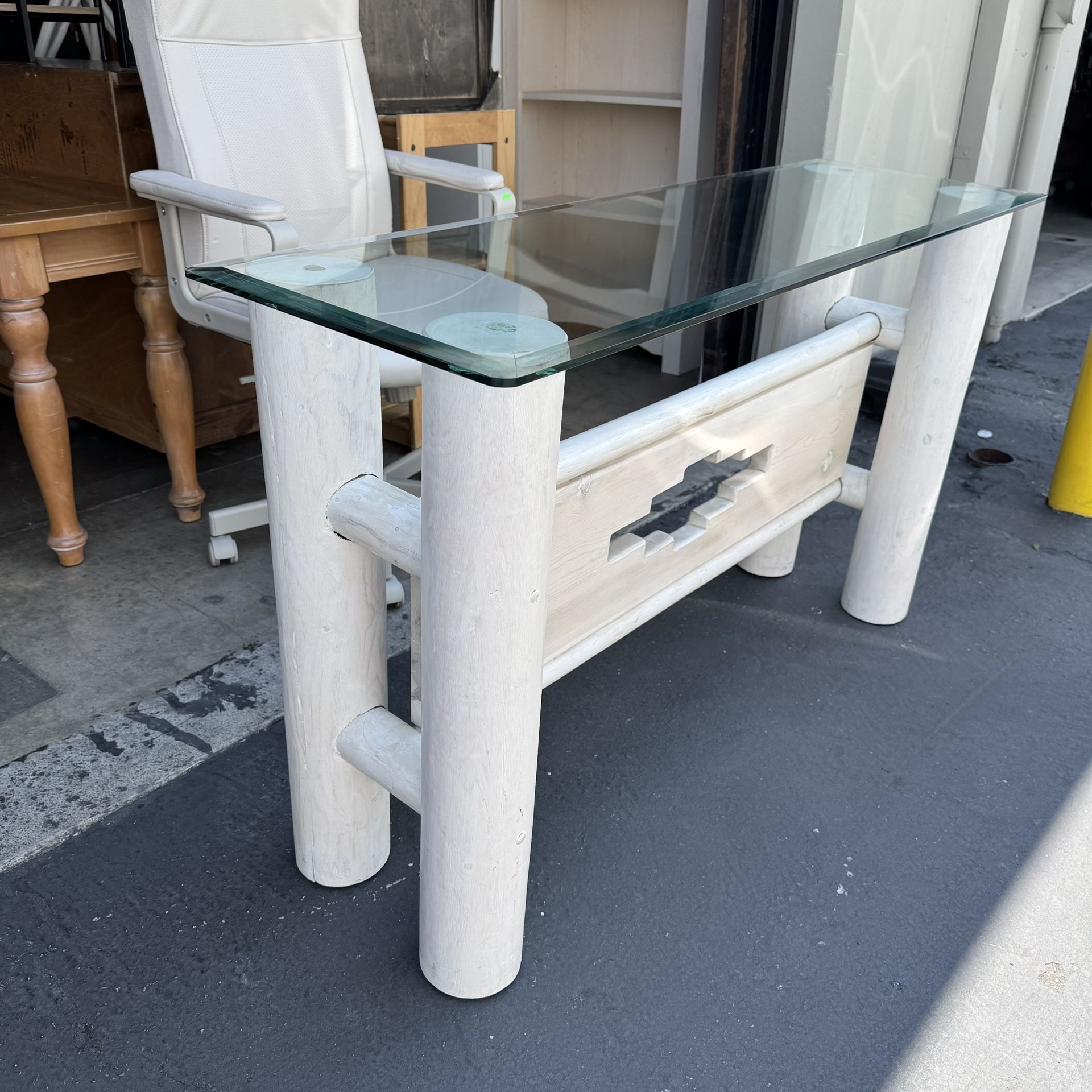 Vintage Natural Solid Wood Glass Top Console Table