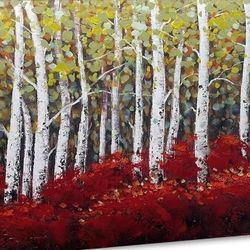 Tree Of Life Wall Art - Birch Tree Canvas Print, Green And Red leaves Nature Landscape Painting, Modern Abstract Artwork Forest Picture, Tree Poster F