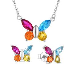 4 Birthstones, Colorful Butterfly AAA CUBIC ZIRCONIA RHODIUM PLATED, 100% Real 925 STERLING SILVER NECKLACE EARRINGS JEWELRY SET