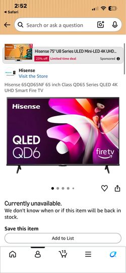 65” QLED Flatscreen TV Hisense