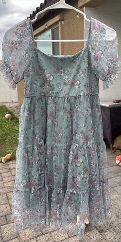 Girls' Blue Floral Tulle Dress – Puff Sleeves – Size L (10/12)