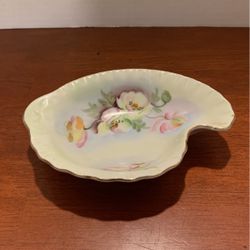 Lefton china trinket/candy/nut dish hand painted blossoms gold trim vintage  #NE2602  L19 7” x 5”