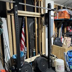 Squat Rack, Bar, Mat And Bumper Weights