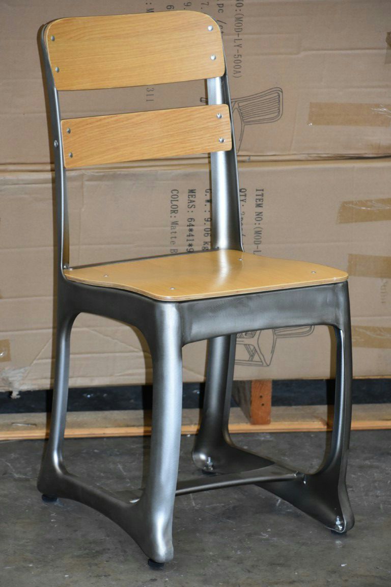 Rare Vintage Mid-Century Dining Side Chair, Office, Desk, Study Chair. Gunmetal Frame with Wood Seat AND Back Natural