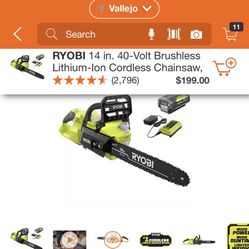 RYOBI 40 V 14 INCHES CHAINSAW CORDLESS WITH BATTERY AND CHARGER USED ONE TIME ALMOST NEW