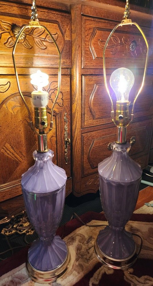 Pair Of Vintage Etched Glass Lamps