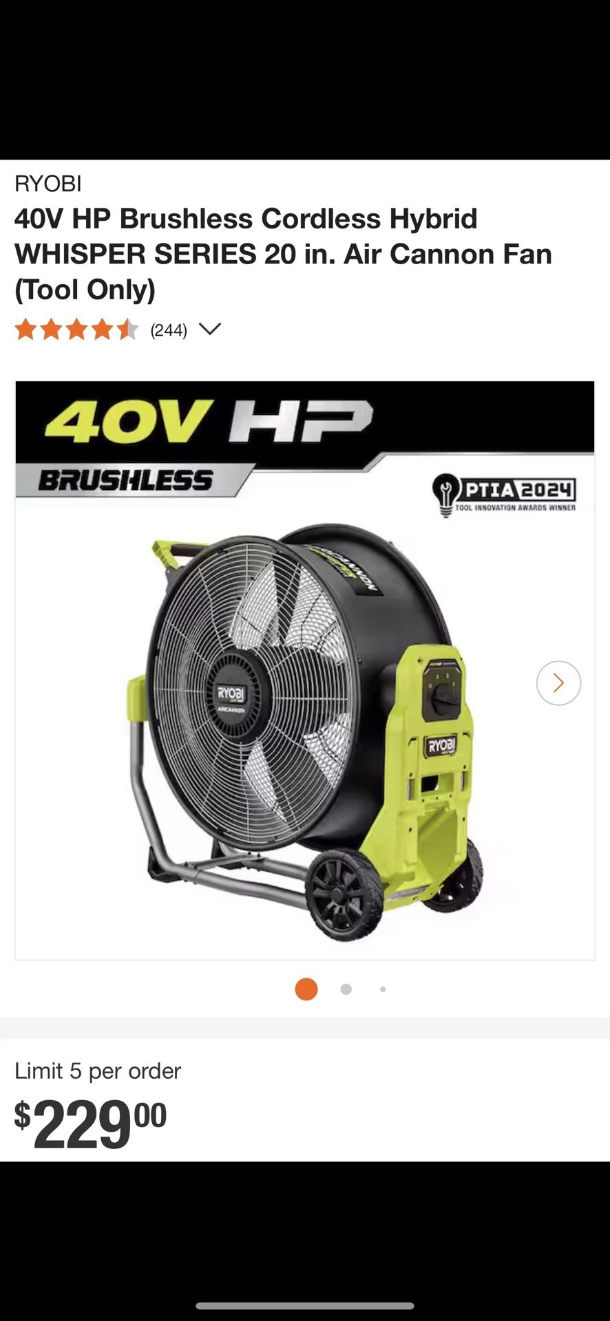 RYOBI 40V HP Brushless Cordless Hybrid WHISPER SERIES 20 in. Air Cannon Fan (Tool Only) Brand New $160