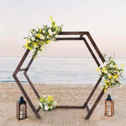 Heavy Duty Dual Wooden Hexagon Frame Wedding Arch Backdrop, Ceremony Canopy Stand 7ftx8.5ft