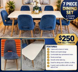 7-PIECE MODERN DINING ROOM SET – 6 BLUE CHAIRS & WHITE TABLE