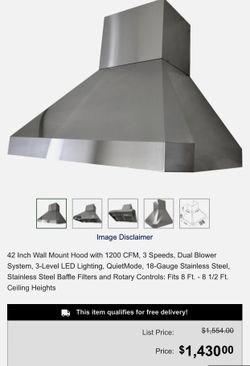 KOBE RA0242SQB-DC-1 Premium 42-inch Wall Mount Range Hood, 3-Speed, 1200 CFM, Fits Ceiling Height 8'